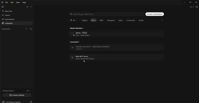 Cursor settings showing the option to add a new custom MCP server